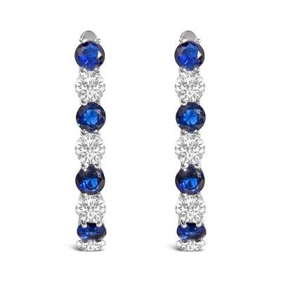 .925 Sterling Silver Created Blue and White Sapphire Hoop Earrings