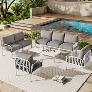 6-Piece Modern Outdoor Patio Furniture Set with Square Coffee Table Patio Conversation Set with Waterproof Cushions, White - Merax - 1 of 4