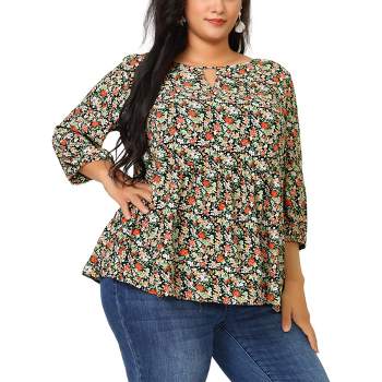 AusLook Plus Size Tops for Women 3/4 Sleeve Christmas Floral Wine