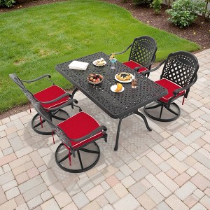 5-Piece Outdoor Dining Set, Cast Aluminum Rectangle Table with Swivel Chairs, Red Cushions, Umbrella Hole - 1 of 4
