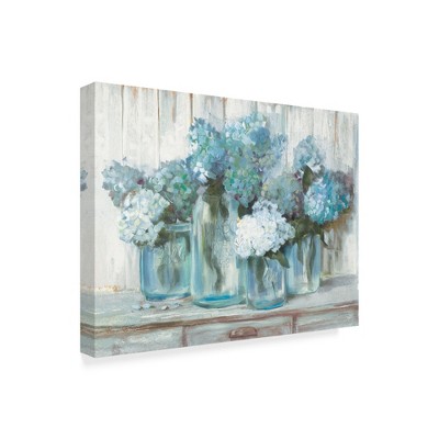 "Hydrangeas In Glass Jars Blue" Outdoor Canvas