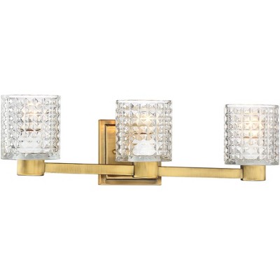 Possini Euro Design Modern Wall Light Gold Hardwired 22" Wide 3-Light Fixture Textured Diamond Cut Glass Bathroom Vanity Mirror