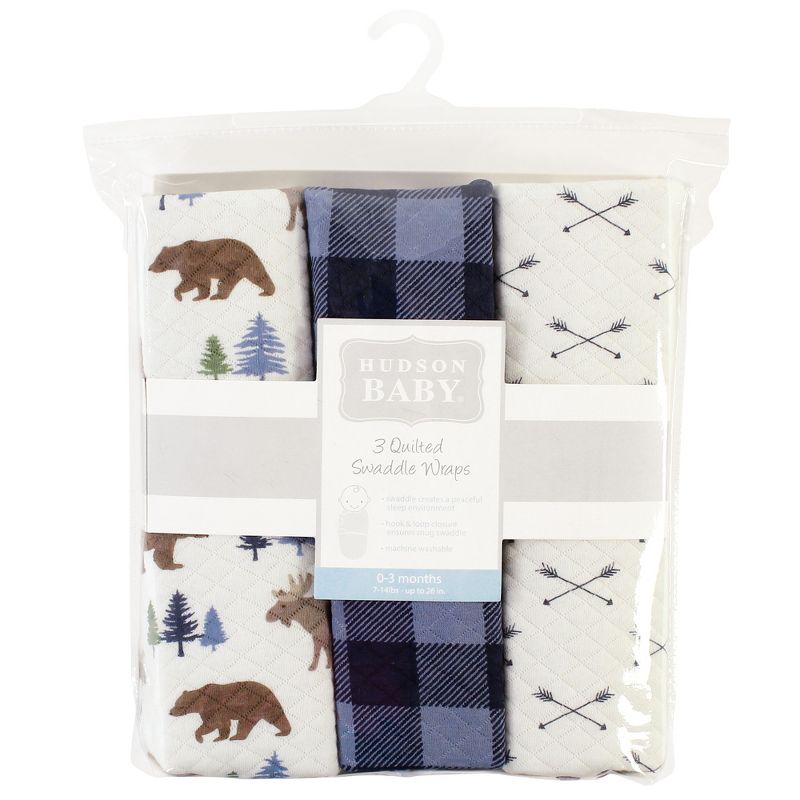 Hudson Baby Infant Boy Quilted Cotton Swaddle Wrap 3pk, Moose Bear, 0-3 Months, 3 of 7