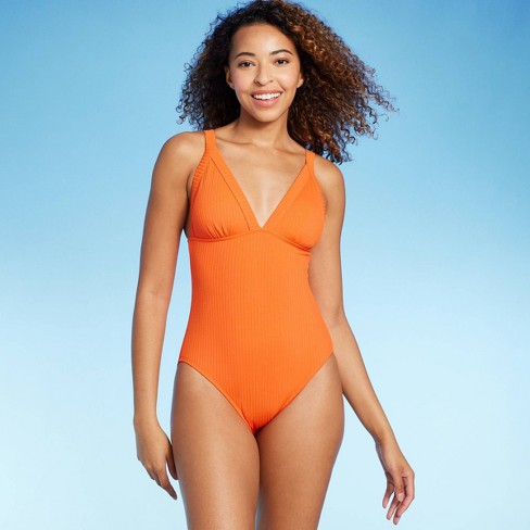 Women sribbed Triangle One Piece Swimsuit Shade Shore Orange