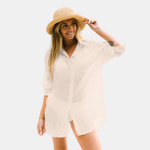 Women's White Semi-sheer Shirt Cover Up -cupshe-m-off-white : Target