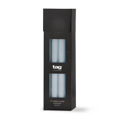 TAG Color Studio 12" Straight Taper Unscented Smokeless Paraffin Wax Candle Light Blue, Burn Time 12 hrs. Set 12