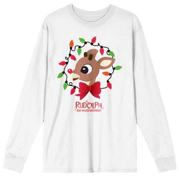 Rudolph the Red-Nosed Reindeer with Christmas Lights and Movie Title Logo Men's White Crew Neck Long Sleeve Graphic Tee