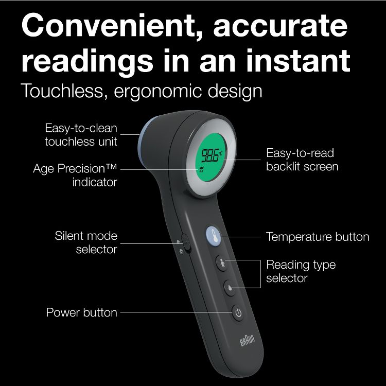 Braun No Touch Battery-Powered Thermometer: Forehead, Noncontact, Multi-Use, Plastic, 4 of 9