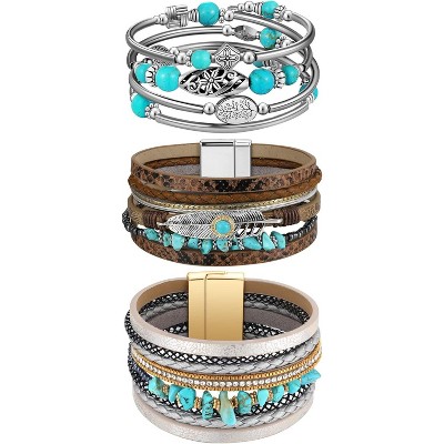 3-Pack Bohemian Faux Leather Multi-Layered Wrap Bracelets with Circle Design, Western Jewelry for Women & Men