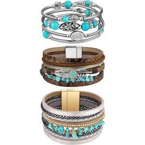 3-Pack Bohemian Faux Leather Multi-Layered Wrap Bracelets with Circle Design, Western Jewelry for Women & Men - 1 of 4