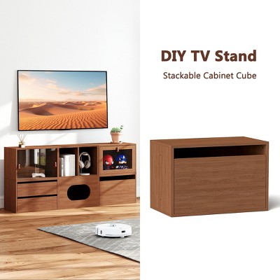 Skyzoo DIY TV Stand for TVs 35-80 inches, Multi-functional Storage Cabinet Cube for Living Room,Mid-Century Modern,Walnut