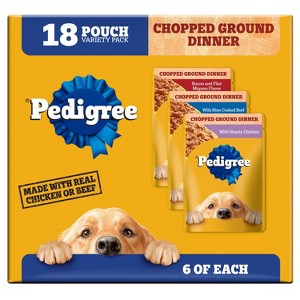 Pedigree Chopped Ground Dinner Chicken, Steak, Beef and Bacon Flavor Pouch Variety Pack Wet Dog Food - 63oz - 1 of 4