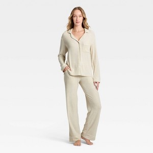 Women's Cozy Ribbed Notch Collar Long Sleeve Shirt and Pants Pajama Set - Auden™ - 1 of 3