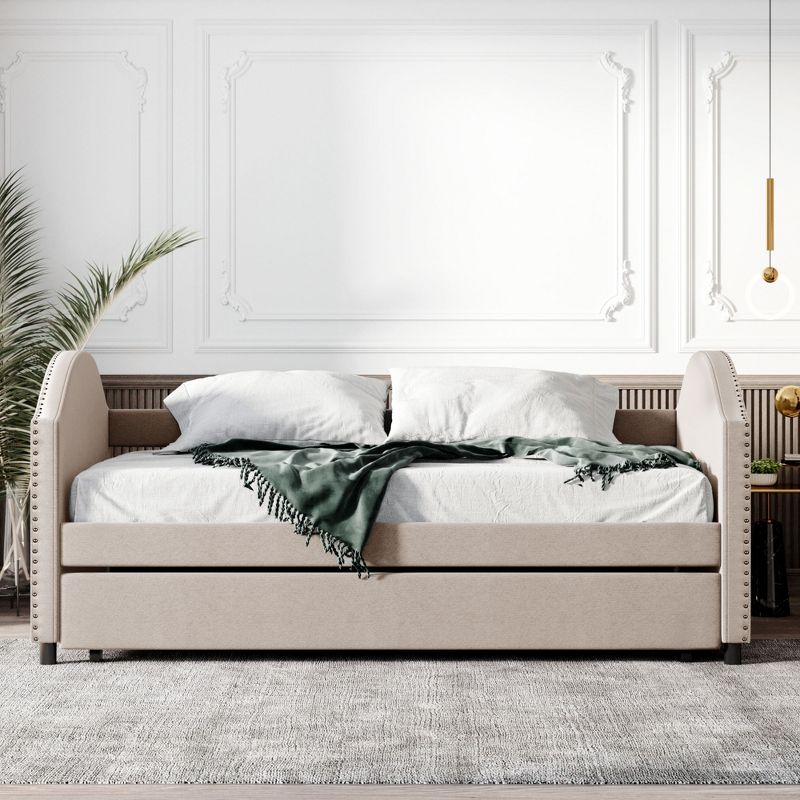 Full Size Upholstered Wood Daybed with Twin Size Trundle Bed and Wood Slat Support-ModernLuxe, 2 of 12