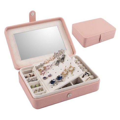 Pink Jewelry Travel Organizer Case With Mirror, Portable Storage