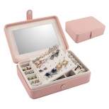 Pink Jewelry Travel Organizer Case with Mirror, Portable Storage Box Holder for Rings Earrings Necklaces, Gifts for Women, Pink