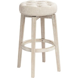 55 Downing Street Shelby White Wood Swivel Bar Stool 29" High Farmhouse Rustic Oatmeal Upholstered Cushion with Footrest for Kitchen Counter Height - 1 of 4