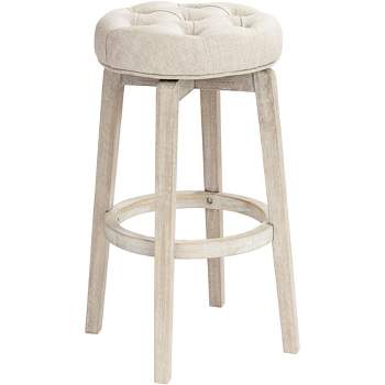 55 Downing Street Shelby White Wood Swivel Bar Stool 29" High Farmhouse Rustic Oatmeal Upholstered Cushion with Footrest for Kitchen Counter Height