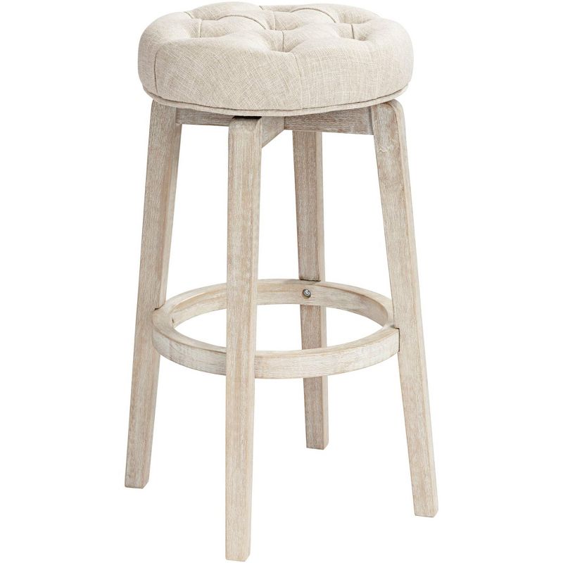 55 Downing Street Shelby White Wood Swivel Bar Stool 29" High Farmhouse Rustic Oatmeal Upholstered Cushion with Footrest for Kitchen Counter Height, 1 of 9
