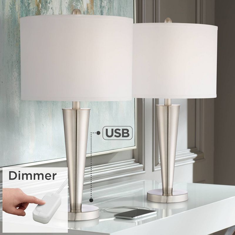 360 Lighting Geoff Modern Table Lamps 26" High Set of 2 Brushed Nickel with USB Charging Port Table Top Dimmers White Drum Shade for Living Room Desk, 2 of 9