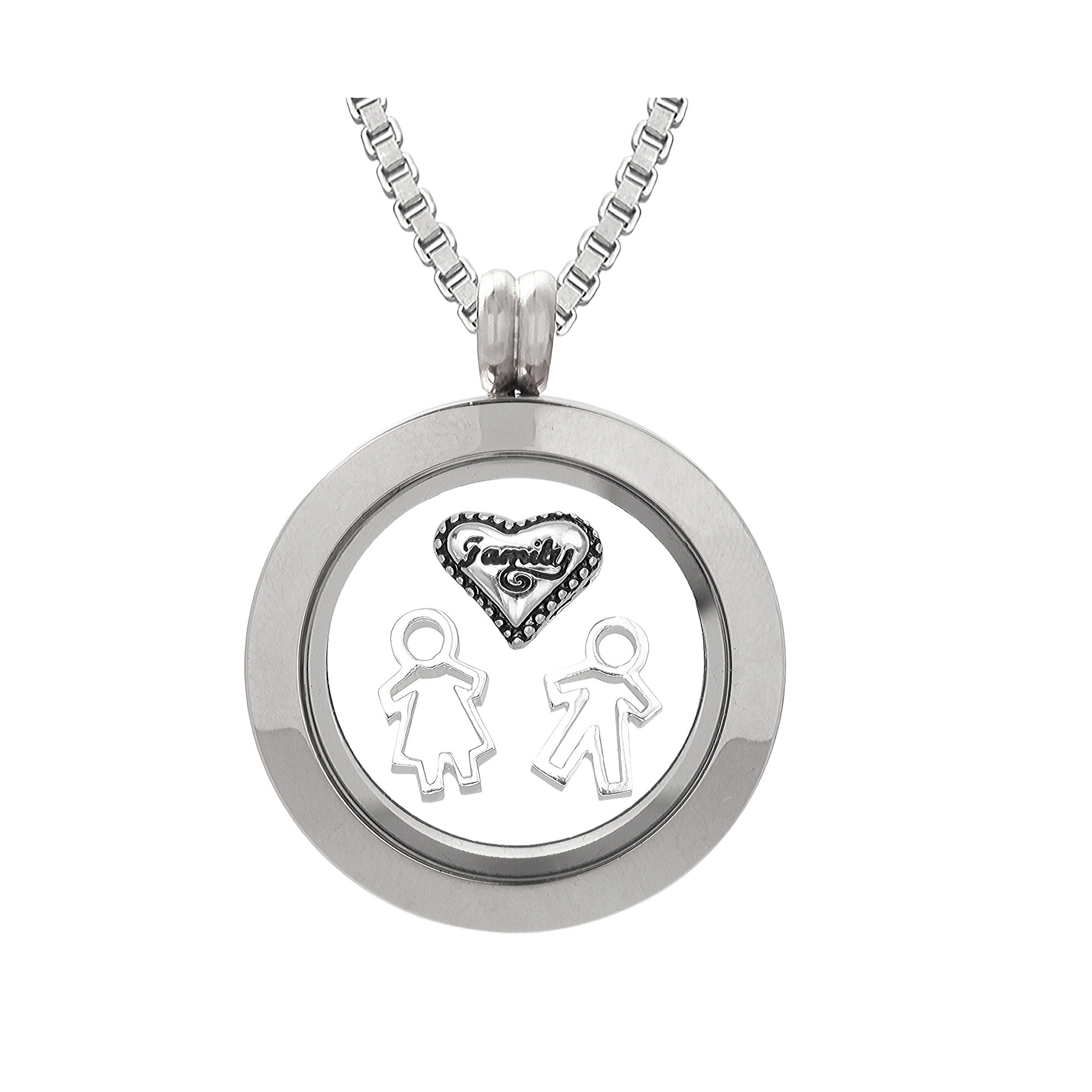 Treasure Lockets Silver Plated Stainless Steel Family Charm Locket and Box Chain Necklace Set, Women's, Silver/Silver/Silver