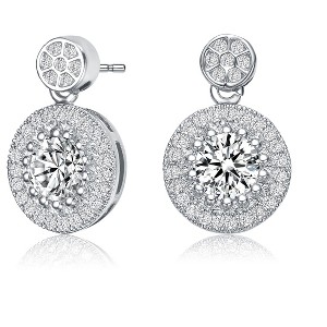Guili Sterling Silver Rhodium Plated Clear Round Cubic Zirconia Thick Halo Drop Earrings, a Magnificent Design of Radiant and Timeless Beauty - 1 of 3