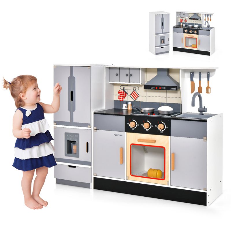 Costway Kids Wooden Pretend Play Kitchen Toddlers Toy with Refrigerator & Accessories, 1 of 11