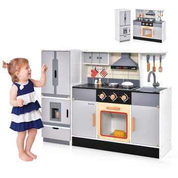 Costway Kids Wooden Pretend Play Kitchen Toddlers Toy with Refrigerator & Accessories