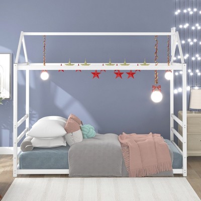 CAVINAS Twin Size Floor Bed Modern House-Shaped Metal Bed Frame with Headboard and Chimney for Bedroom