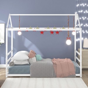 CAVINAS Twin Size Floor Bed Modern House-Shaped Metal Bed Frame with Headboard and Chimney for Bedroom - 1 of 4