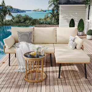 3-Piece Outdoor Sectional Sofa Set, L-Shaped Waterproof Wicker Furniture with Cushions & Glass Side Table for Porch, Pool or Backyard - 1 of 4