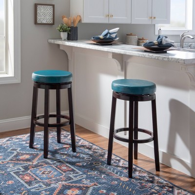 Teal Backless Swivel Wood and Leather Bar Stool