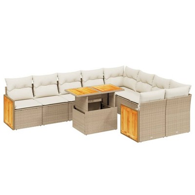 vidaXL 10 Piece Patio Sofa Set with Cushions Poly Rattan - Beige and Cream