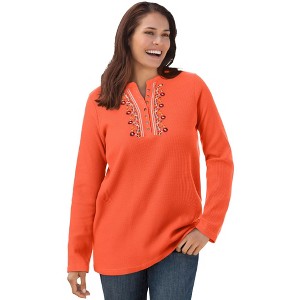 Woman Within Women's Plus Size Embroidered Thermal Henley Tee - 1 of 4