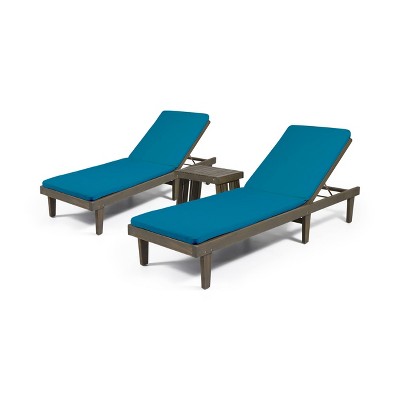 Nadine 3pc Outdoor Acacia Wood Chaise Lounge Set with Cushions - Gray/Blue - Christopher Knight Home