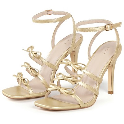 BLISSFUL STEP Women's Square Toe Stiletto Heel Bow Heeled Sandals Gold 8