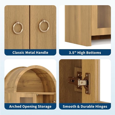 Close-up of cabinet features: metal handles, 3.5" bottom, arched opening storage, soft close hinge