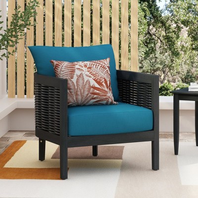Chic Crate-Outdoor Acacia Wood Wicker Club Chair with Dark Teal Polyester Cushions - Black Patio Furniture for Backyard, Porch, Poolside