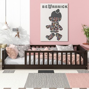 TIRAMISUBEST Twin Size Floor Bed with Fence without Door, Rubber Wood Floor Platform Bed Montessori Bed Toddler Bed with Safety Guardrails - 1 of 4