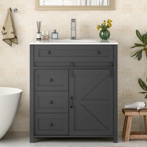 Bathroom Vanity, Vintage Vanity Cabinet with Ceramic Sink, Faucet & Drain - 1 of 4