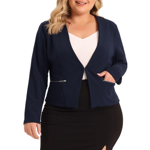 Agnes Orinda Women's Plus Size Work Office Zip Lapel Jacket Blazers Navy  Blue 4X