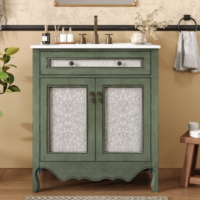 30" Antique Green Bathroom Floor Cabinet With Rectangle Ceramic Sink,2-Door Bathroom Floor Cabinet With Tip-Out Tray And Adjustable shelf-Cuddlewood