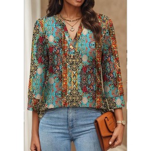 Women 3/4 Sleeve Shirts Notch V Neck Tops Casual Dressy Blouses Beach Vacation Tunic Tops - 1 of 4