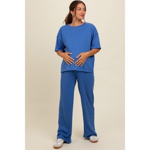 Pinkblush Blue Textured Knit Oversized Tee And Pants Maternity Set - 1 of 4