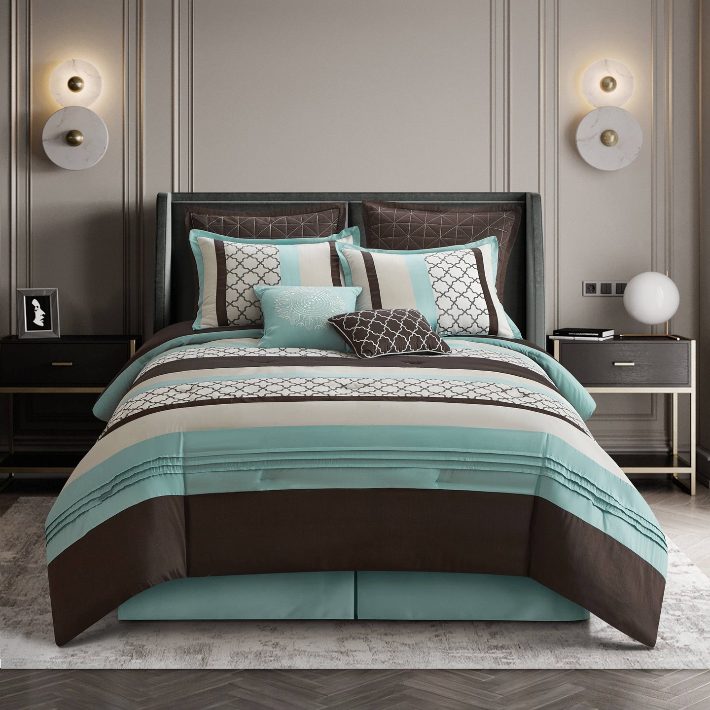 Постельное бельё Nanshing 8pc Queen Avalon Comforter Bedding Set Aqua Blue, цвет: Синий — фото 1
