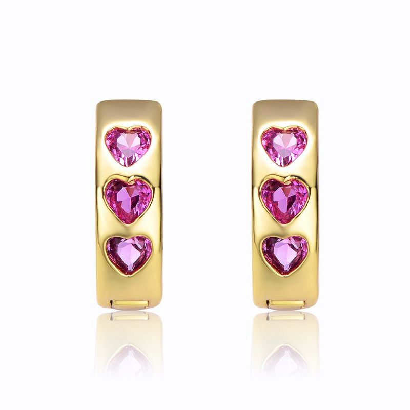 Guili Young Adults/Teens 14k Yellow Gold Plated with Heart Pink Cubic Zirconia Triple Stone Round Hoop Earrings, 1 of 3