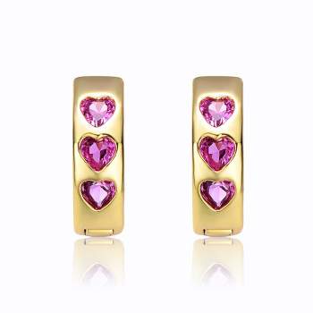 Guili Young Adults/Teens 14k Yellow Gold Plated with Heart Pink Cubic Zirconia Triple Stone Round Hoop Earrings