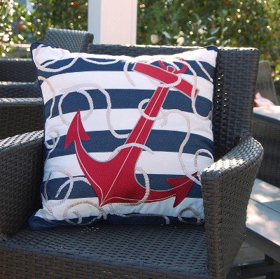 Nautical Blue and White Stripe Anchor Throw Pillow
