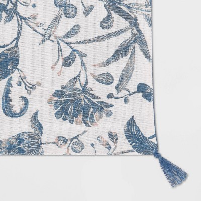 108" x 14" Blue Floral Cotton Table Runner with Tassels