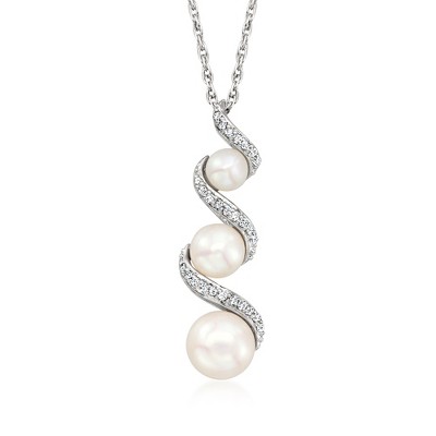 Ross-Simons 3.5-6.5mm Cultured Pearl and .10 ct. t.w. Diamond Spiral Pendant Necklace in Sterling Silver Size 18